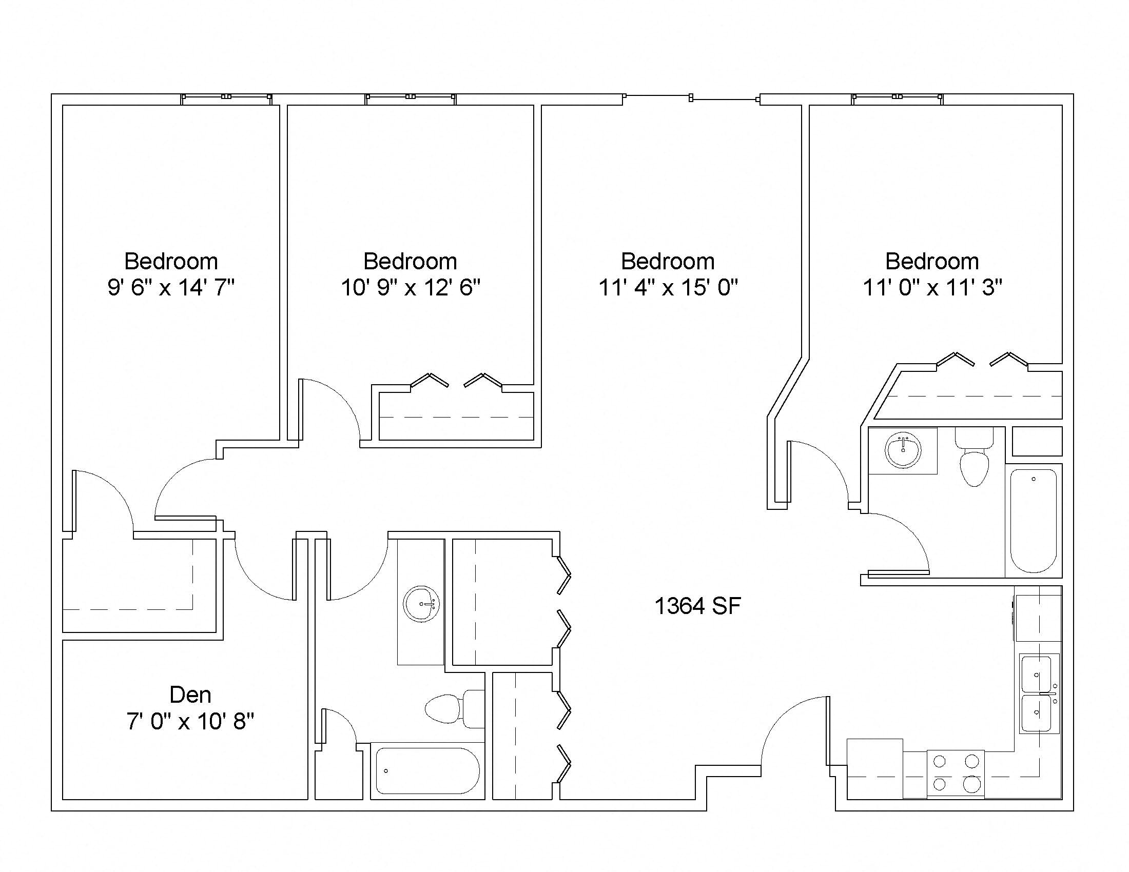 Floor plan for 3 beds, 2 baths, 1364 sqft